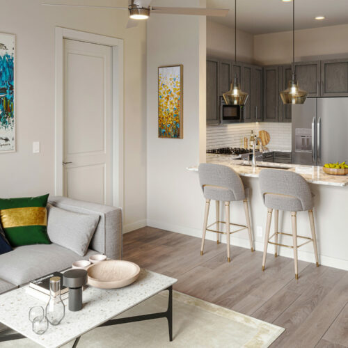 Put Comfort at Your Fingertips - Open floorplan featuring a spacious living area with a gourmet kitchen in the background.